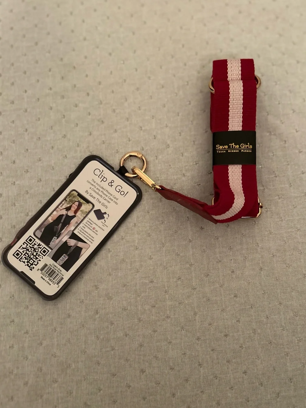 Save The Girls Clip & Go Crossbody Phone Strap w/ Phone Card Insert, Red/White